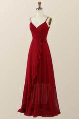 Straps Wine Red Chiffon Ruffle A-line Long Bridesmaid Dress