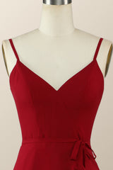 Straps Wine Red Chiffon Ruffle A-line Long Bridesmaid Dress