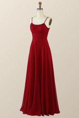 Straps Wine Red Chiffon A-line Long Bridesmaid Dress