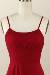 Straps Wine Red Chiffon A-line Long Bridesmaid Dress