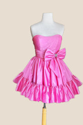 Strapless Pink Bow Ruffle Taffeta Short Dress
