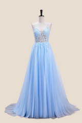 Straps Light Blue Lace and Tulle Long Formal Dress