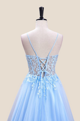 Straps Light Blue Lace and Tulle Long Formal Dress
