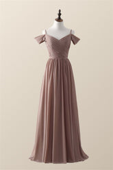 Straps Champagne Pleated Chiffon Long Bridesmaid Dress