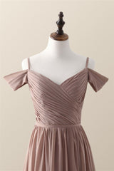 Straps Champagne Pleated Chiffon Long Bridesmaid Dress