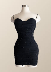 Straps Blue Tight Mini Dress with Pearls