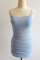 Straps Light Blue Ruched Tight Mini Dress