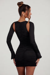 Low Plunge Ruched Mini Dress in Black