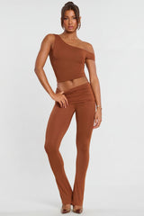 Mid Rise Modal Cashmere Blend Trousers in Chestnut Brown