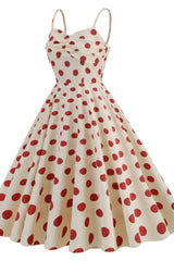 Straps Ivory and Red Polk Dots Swing Dress