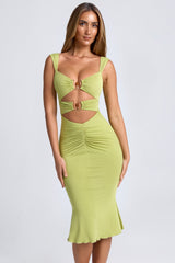 Modal Ruched Hardware Detail Cut-Out Midaxi Dress in Olive Green