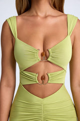 Modal Ruched Hardware Detail Cut-Out Midaxi Dress in Olive Green