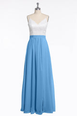 Spaghetti Straps White and Blue Red Chiffon Long Bridesmaid Dress
