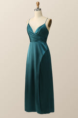 Straps Dark Green Satin Pleated Long Bridesmaid Dress