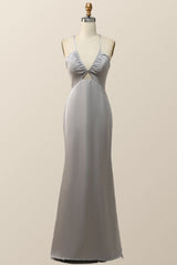 Straps V Neck Grey Boho Long Bridesmaid Dress