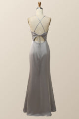 Straps V Neck Grey Boho Long Bridesmaid Dress