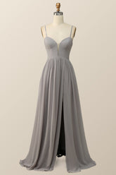 Straps Grey Chiffon A-line Long Bridesmaid Dress