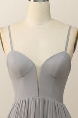 Straps Grey Chiffon A-line Long Bridesmaid Dress