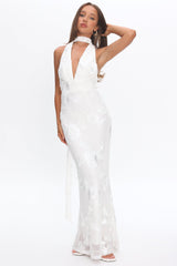 Cipriana Backless Halter Maxi Dress Embellished Floral White