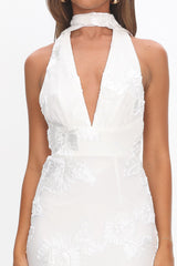 Cipriana Backless Halter Maxi Dress Embellished Floral White
