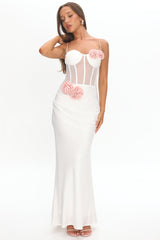 Ismera Sheer Bodice Rosette Maxi Dress White