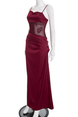 Straps Burgundy Sheer Draped Long Dress