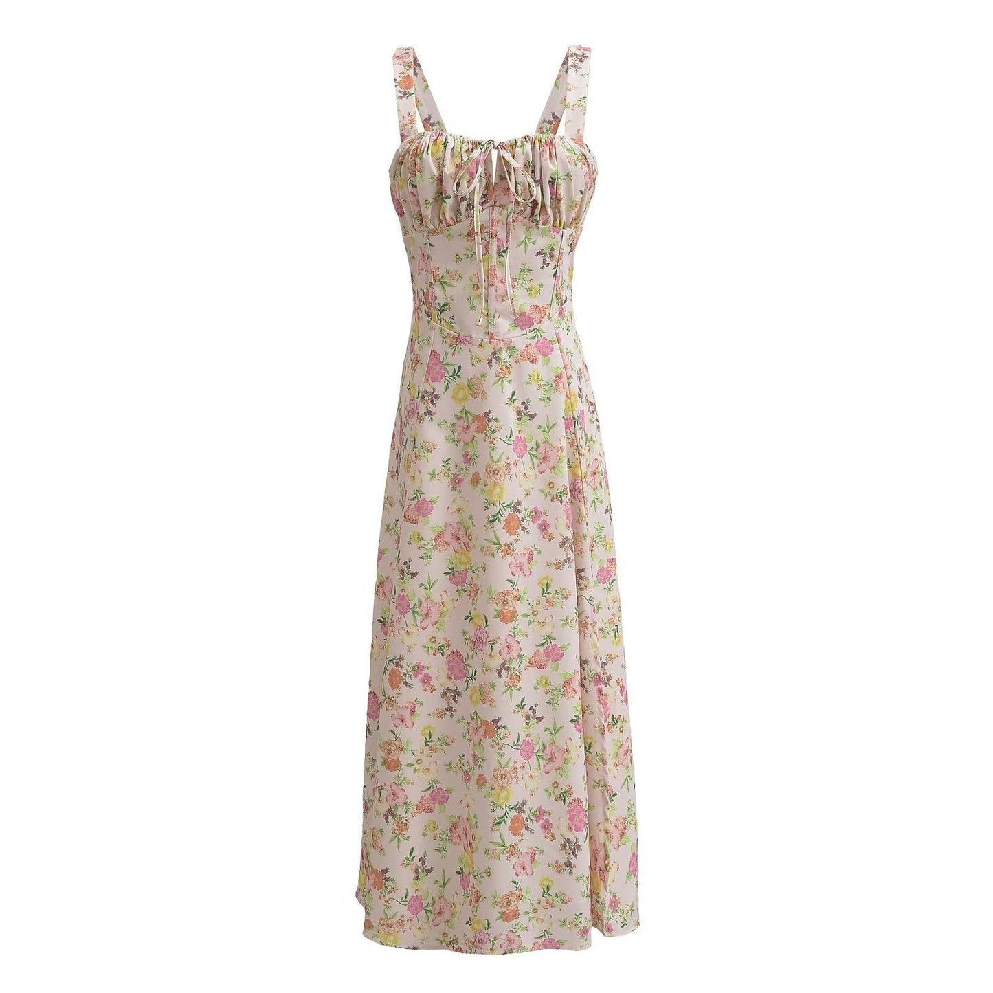 White Floral Ruched Neckline Bow Long Dress