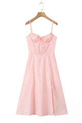 Pink Spaghetti Strap Bow Long Summer Dress with Slit