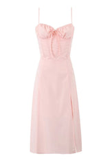Pink Spaghetti Strap Bow Long Summer Dress with Slit