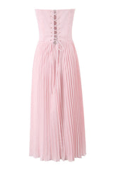 Pink Strapless Lase-up Ruched Long Summer Dress