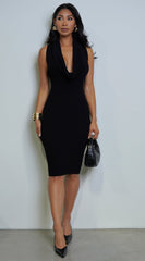 Nilly Cowl Neck Ribbed Midi Dress - Black