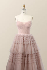 Straps Blush Tulle Tiered Long Formal Dress