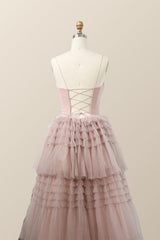 Straps Blush Tulle Tiered Long Formal Dress