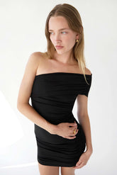 OFF THE SHOULDER RUCHED MINI DRESS