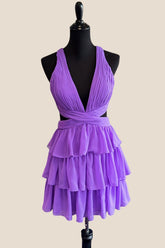 Plunge Neck Purple Tiered Short Dress with Cut-out