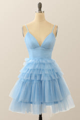 Straps Periwinkle Tiered Ruffle Short A-line Homecoming Dress