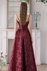 Straps Burgundy Floral A-line Long Formal Dress