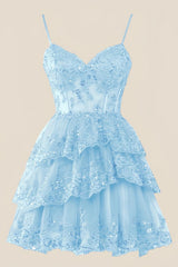 Straps Light Blue Tiered Layered Short Princess Dress