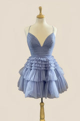 Straps Periwinkle Tiered Ruffle Short A-line Homecoming Dress