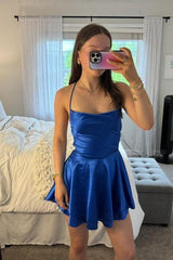 Straps Royal Blue Satin A-line Short Dress