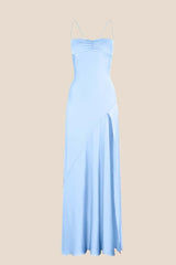 Straps Light Blue Soft Satin Long Dress