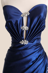 Plunge Navy Blue Ruched Slit Long Formal Dress