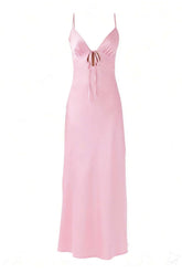 Plunge Neck Pink Back Tie Long Dress