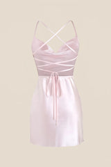 Straps Pink Satin Cowl Neck Mini Dress