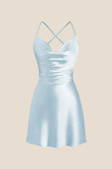 Straps Light Blue Satin Cowl Neck Mini Dress
