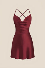 Straps Burgundy Satin Cowl Neck Mini Dress