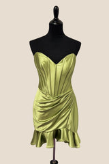 Strapless Short Green Ruched Ruffle Dress