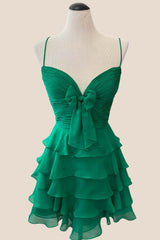 Straps Green Ruffles Short Dress with Bow