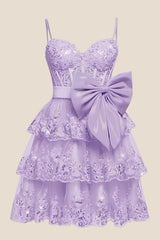 Straps Green Appliques Tiered Short Dress with Bow
