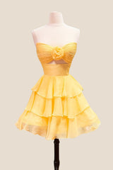 Strapless Yellow Pleated Tiered Short Dress with Rosette